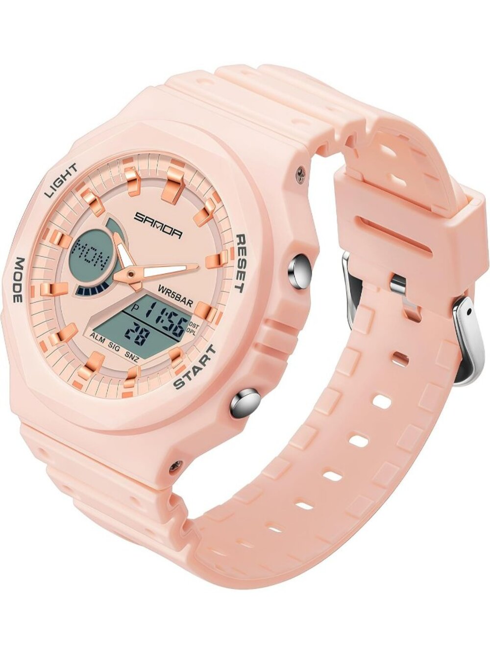 Women's Light Pink Digital LED Light Large Face Analog Multifunctional Watches